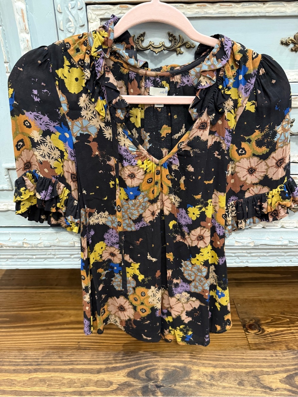 Odille for Anthropologie Black Floral Ruffle V-Neck Blouse